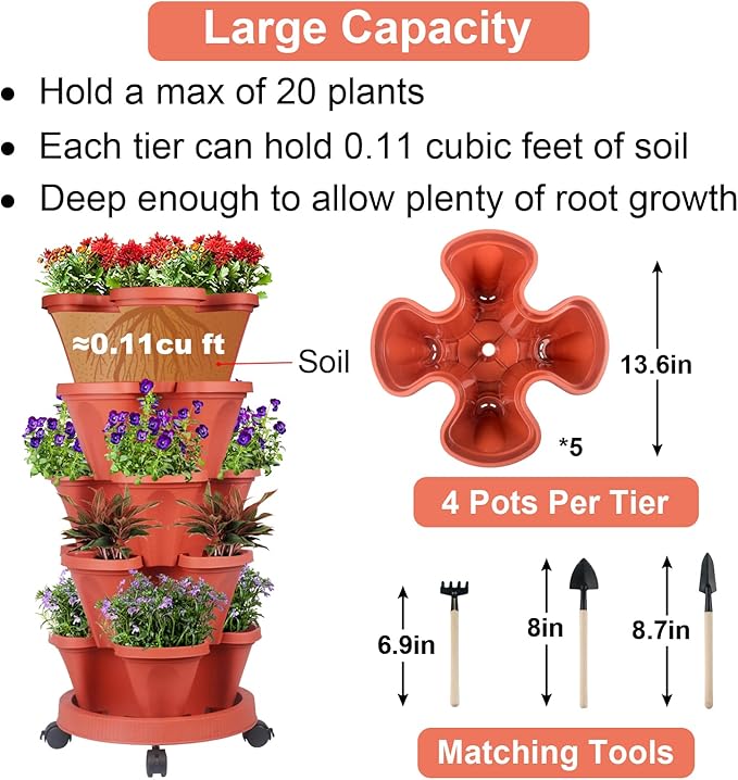 Vertical Planter 5 Tier Stackable Planters Garden Planters Strawberry Herb Flower and Vegetable Planter Indoor Outdoor Gardening Pots with Removable Wheels and Tools-Ruum Studio Home