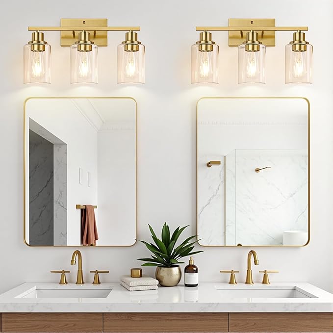 3-Light Vanity Lights with Clear Glass Shades, Brushed Gold Bathroom Light Fixtures Over Mirror, Modern Bathroom Wall Lamp for Mirror Living Room Cabinet Bedroom Porch-Ruum Studio Home