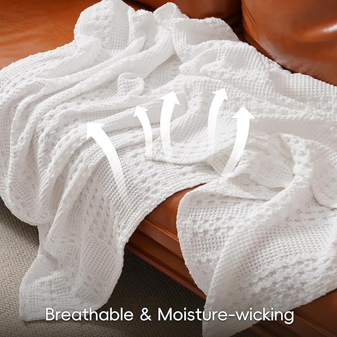 PHF 100% Cotton Waffle Weave Blanket Queen Size, Soft Lightweight Breathable Cozy Summer Blankets for Bed, Luxury Aesthetic Woven Bedding for Home Decor, 90"x90", White-Ruum Studio Home