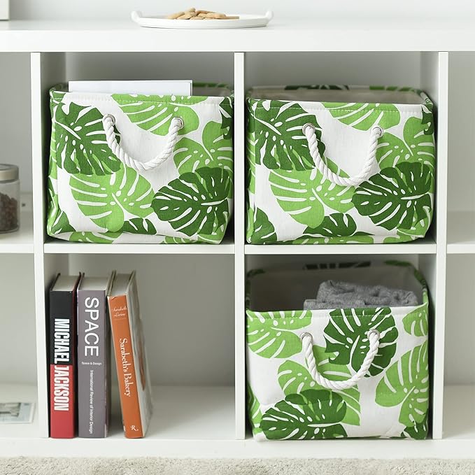 Storage Cubes, Storage Bins Baskets for Organizing 4 Pack for Organizing Toys, Clothes, Closet Baskets with Rope Handles for Nursery Home(White and Green,15.7"L×11.8"W×8.2"H)-Ruum Studio Home