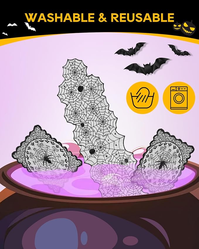 eZAKKA Halloween Table Runner with 4Pcs Placemat, Black Lace Spider Web Table Runners for Parties Gothic Spooky Home Decorations, 18 x 72 Inch-Ruum Studio Home