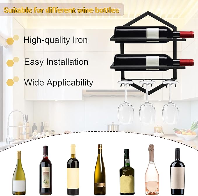 Wall Mounted Wine Stemware Rack, Metal Hanging Wine Glass Display Holde Holds 3 Cups 2 Bottles, Elegant Storage for Kitchen Dining Room Bar Wine Cellar (Black 1)-Ruum Studio Home