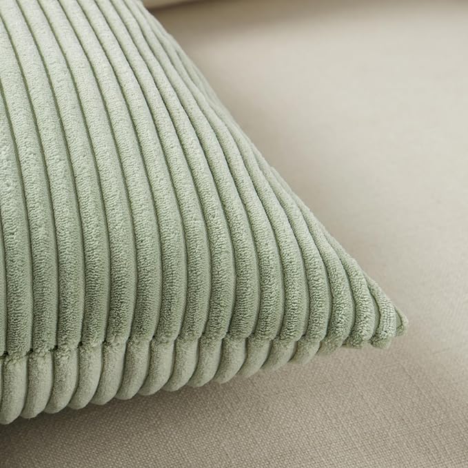 Fancy Homi 2 Packs Sage Green Lumbar Decorative Throw Pillow Covers 12x20 Inch for Living Room Couch Bed, Rustic Farmhouse Boho Home Decor, Soft Striped Corduroy Rectangle Accent Cushion Case 30x50 cm-Ruum Studio Home