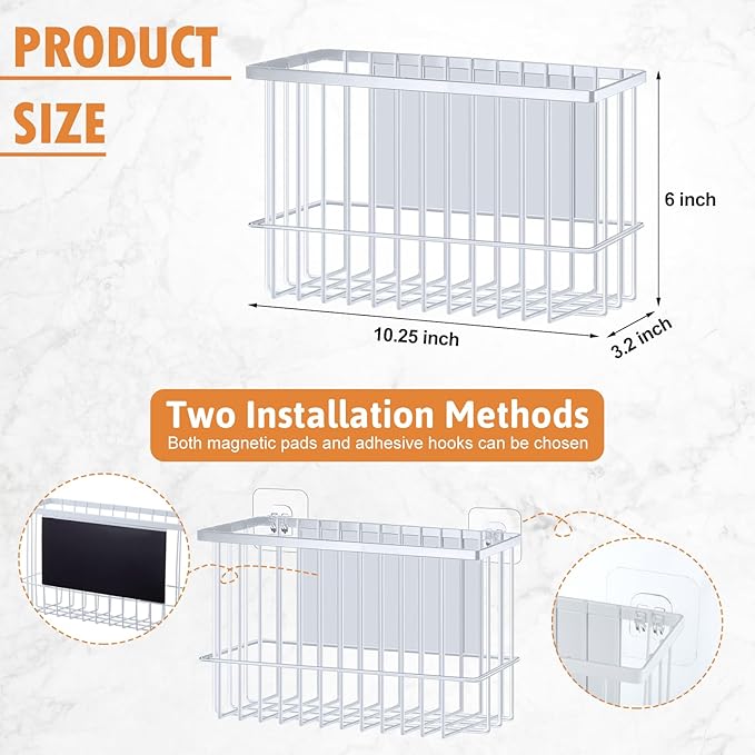 3 Pcs Magnetic or Adhesive Refrigerator Organizer Magnetic Baskets Kitchen Holder for Refrigerator Metal Shelf Rack Storage with 2 Types of Installation(White)-Ruum Studio Home