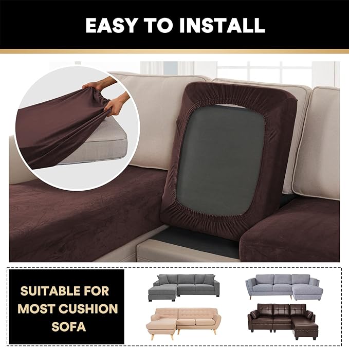 PrinceDeco Sectional Couch Covers 3 Pieces Velvet Sofa Covers L Shape Soft Couch Covers for Sectional Sofa Corner Sofa Cover Couch Cover for Dogs Washable (2 Seater + 1 Chaise,Brown)-Ruum Studio Home