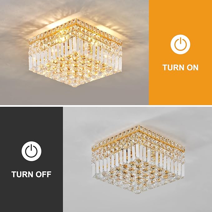 4-Light Gold Crystal Chandeliers Flush Mount Chandelier Light Fixture with K9 Crystals Modern Ceiling Lights Elegant Square Lamp for Bedroom,Hallway,Bar,Living Room,Dining Room,H5.9 xW13.7-Ruum Studio Home