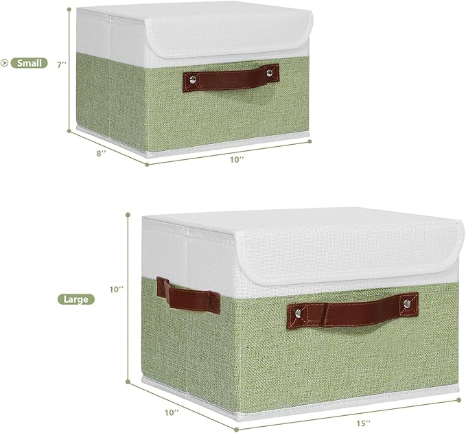 ANMINY 2PCS Storage Boxes with Lid Washable Decorative Storage Bins Basket with PU Leather Handle Foldable Linen Fabric Storage Cubes Containers for Home Closet Organizer - Green White, Small Size-Ruum Studio Home