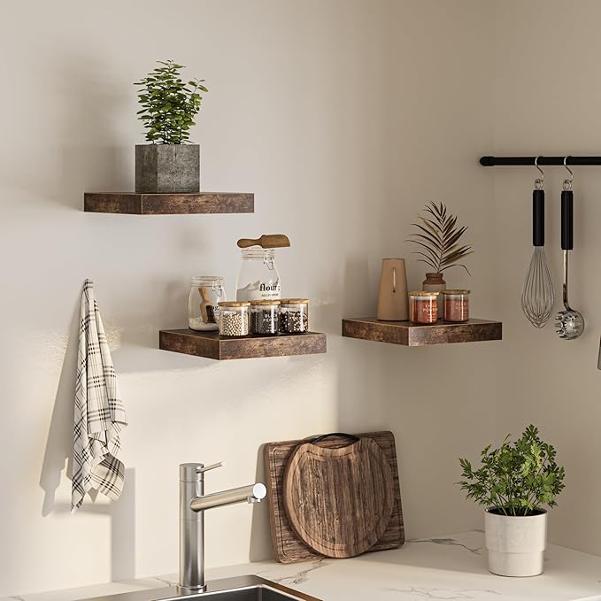 Square Floating Shelves for Wall, 12"W x 12"D x 1.2"H, Small Wooden Wall Mounted Display Shelf with Invisible Brackets for Living Room, Bedroom, Bathroom, Kitchen Decor, Set of 3, Rustic Brown-Ruum Studio Home