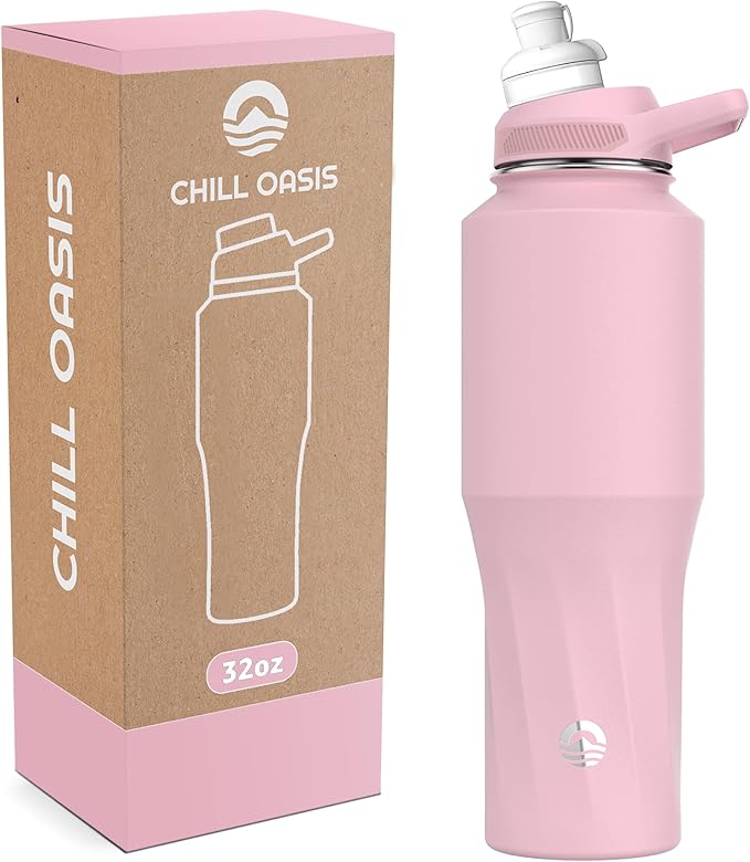 Chill Oasis Water Bottle | Compatible With Popular Flavor Cartridges | BPA Free, Leak Proof, Double-Walled Vacuum Insulated Stainless Steel, and Dishwasher Safe | Cold for 24 Hours (Pink, 32oz)-Ruum Studio Home
