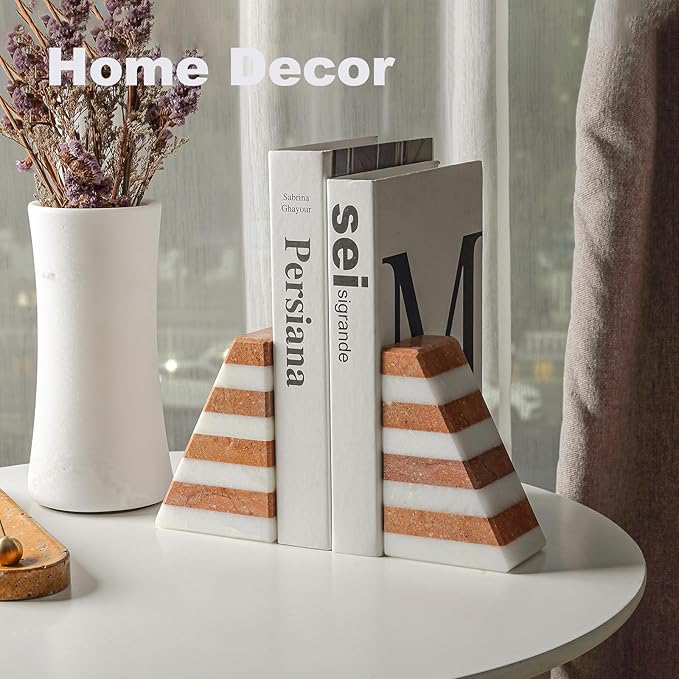 Marble Book Ends, Non-Skid Bookends for Shelves, Composite Bookend with Natural Stone, Heavy Duty Book Stopper, Collected CDs and Oversized Books Organizer, White & Red Decorative Bookends-Ruum Studio Home