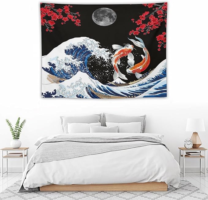 Houselerax Japanese Koi Fish Tapestry, Yin Yang Big Wave Red Cherry Blossom Tapestries Wall Hanging for Bedroom Living Room Office Decor 40"x30"-Ruum Studio Home