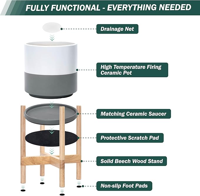 D'vine Dev Ceramic Planter with Natural Stand - 10 Inch Modern Round Flower Pot with Wood Planter Holder, White/Grey, 55-B-K-6-Ruum Studio Home
