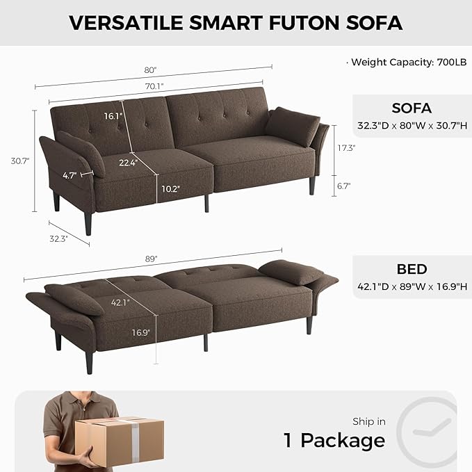 89” Futon Sofa Bed, Linen Comfy Futon Couch Bed with 2 Square Pillows, Convertible Sleeper Sofa with Adjustable Backrest& Armrests, Modern Loveseat Sleeper for Living Room, Bedroom, Brown-Ruum Studio Home