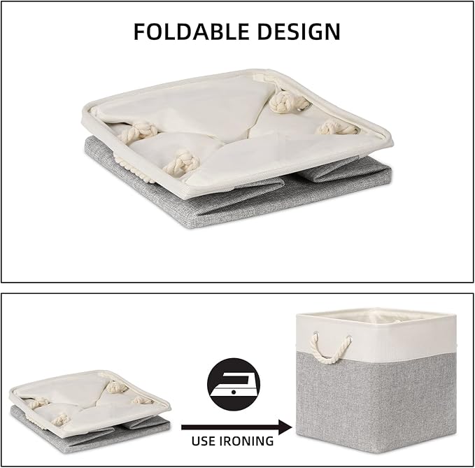 Bidtakay Fabric Basket Set - Large Square Organizer Bins, 13x13, Set of 3, White & Grey-Ruum Studio Home