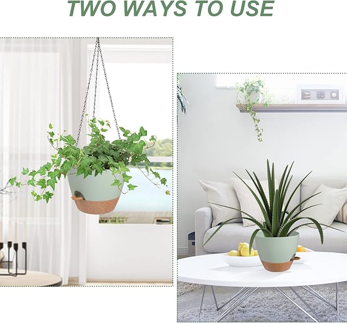Hanging Planters for Indoor Outdoor Plants, 2 Pack Self Watering Hanging Pot with Drainage Holes & Removable Tray (Green, 8'')-Ruum Studio Home