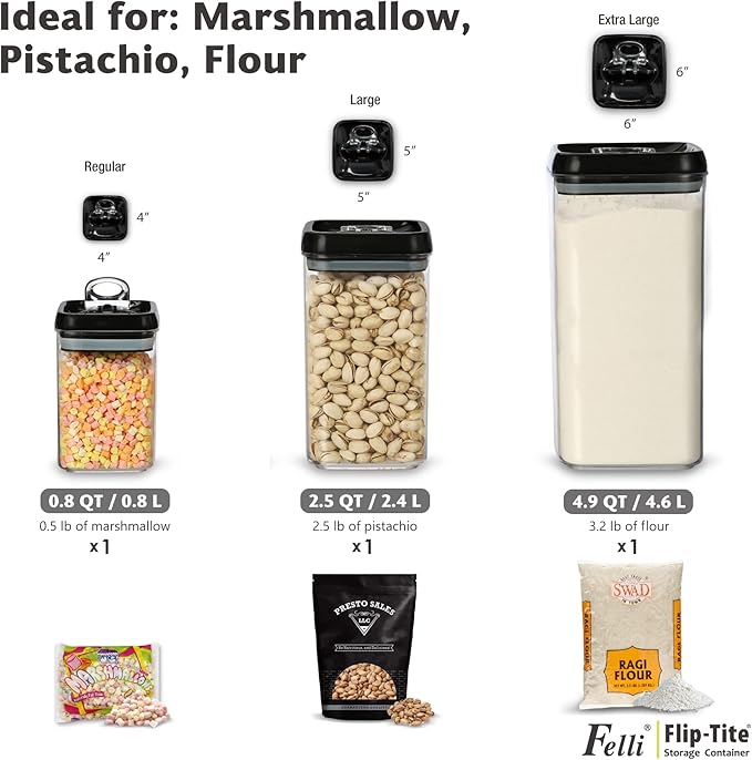 Felli Flip Tite Storage Container with Lid 6" XL Air Tight Ring Lock Top, Clear Acrylic Canister Set for Kitchen, Pet Cat Dog Food Treats, 5 lb Flour Sugar Pantry Organizer (Nest-L, Black)-Ruum Studio Home