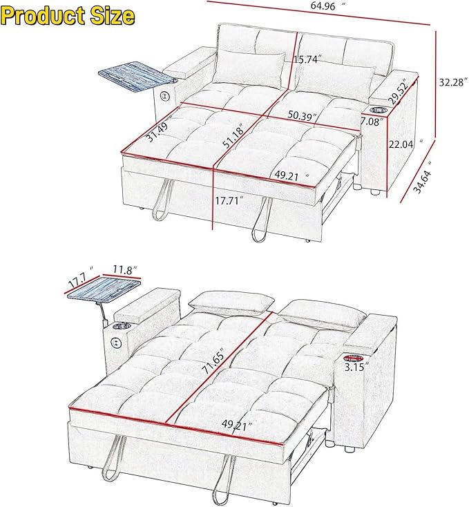 65''Convertible Sleeper Sofa Bed,3-in-1 Pull Out Couch Bed with 360 Degree rotatable Side Table and USB Ports for Living Room,RV (07beige)-Ruum Studio Home