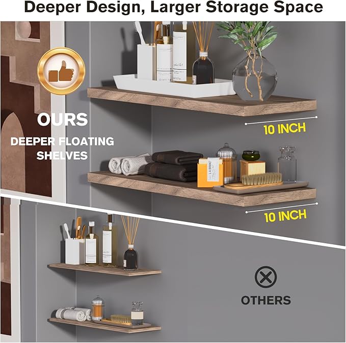 Wall Shelf Set of 2, Walnut Floating Shelves 36 in W x 10 in D x 1 in H, Wooden Floating Wall Shelf with Invisible Brackets for Living Room/Bedroom/Bathroom/Kitchen Storage and Decor-Ruum Studio Home