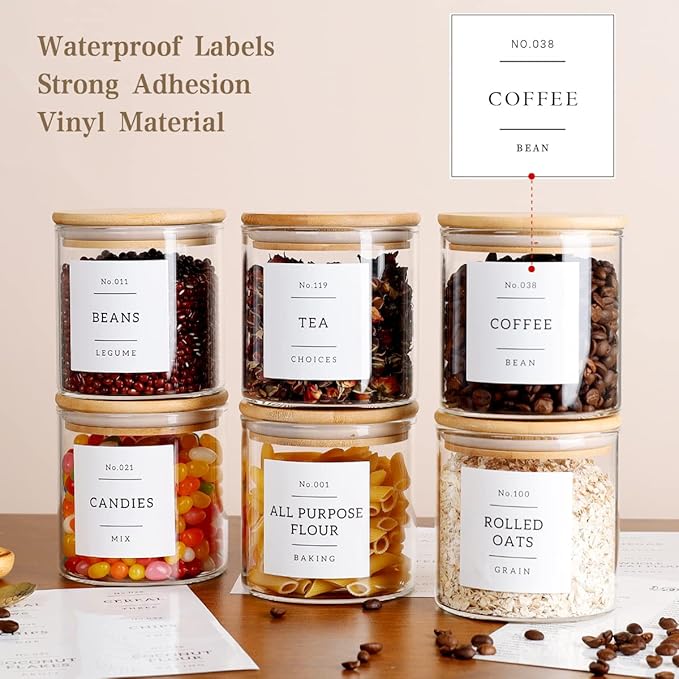 20 OZ Glass Food Storage Jars with 132 Pantry Labels Preprinted - 6 Pcs Thicken Glass Storage Containers with Airtight Bamboo Lid - Clear Kitchen Canister for Spice, Tea, Coffee, Sugar, Cookie, Candy-Ruum Studio Home