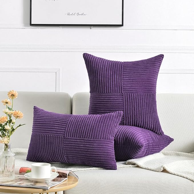 Fancy Homi 2 Packs Purple Lumbar Decorative Throw Pillow Covers 12x20 Inch for Living Room Couch Bed, Farmhouse Boho Home Decor, Soft Striped Corduroy Rectangle Accent Cushion Case 30x50 cm-Ruum Studio Home