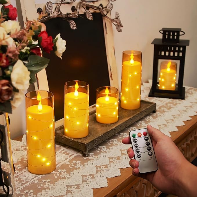 Homemory Acrylic Flameless Candles with Embedded Star String Fairy Lights, Battery Operated Candle, LED Candles, Fake Candles with Remote Control and Timer for Halloween, Amber, Set of 5(H4"5"6"8"8")-Ruum Studio Home