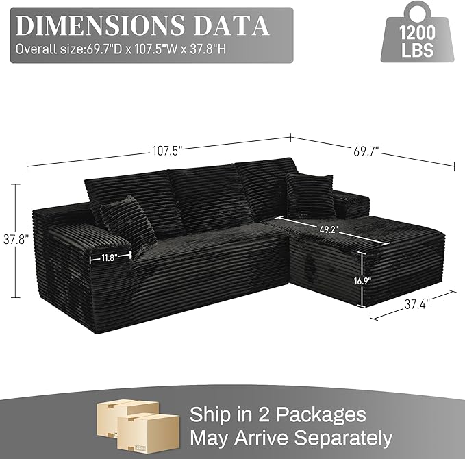 Modular Sectional Sofa Cloud Sectional Couch, 107" Comfy Fluffy L Shaped Black Couches for Living Room, Deep Seat Memory Foam Plush Corduroy Boneless Couch Sectionals with Right Facing Chaise Sofa-Ruum Studio Home