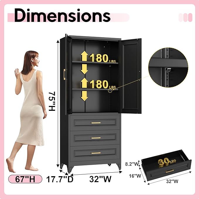 Pantry Kitchen Cabinet with Drawer, 75" Tall Pantry Storage Cabinet, Metal Storage Cabinets with Doors and Shelves, Large Freestanding Cupboard for Dining Room, Assembly Required, Black-Ruum Studio Home