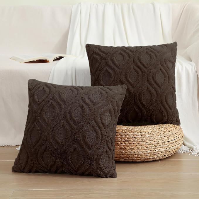 decorUhome Throw Pillow Covers 22x22 Inch Set of 2, Soft Plush Decorative Faux Fur Dark Brown Solid Couch Pillow Covers, Accent Farmhouse Neutral Square Euro Pillow Cases for Sofa Bed Living Room-Ruum Studio Home