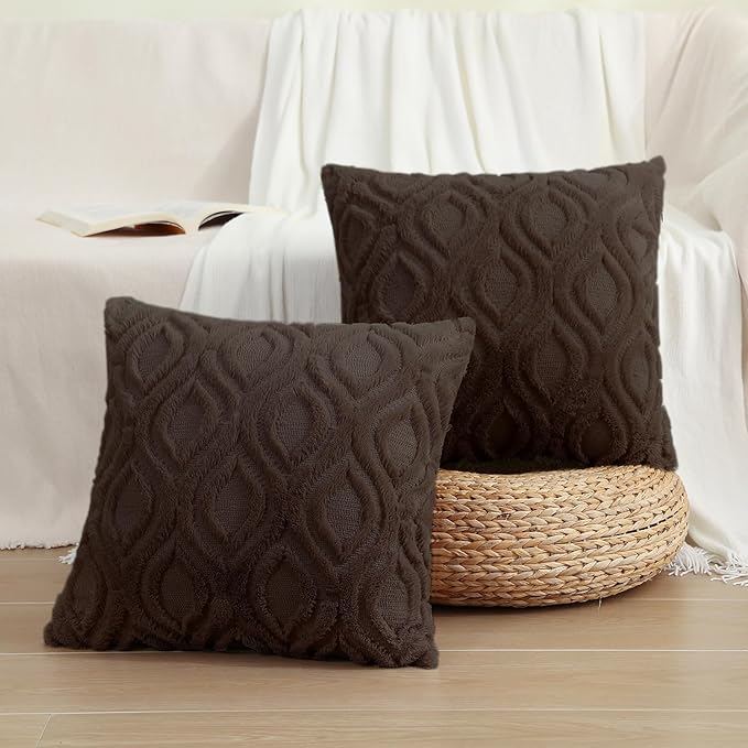 decorUhome Throw Pillow Covers 20x20 Inch Set of 2, Soft Plush Decorative Faux Fur Dark Brown Solid Couch Pillow Covers, Accent Farmhouse Neutral Square Euro Pillow Cases for Sofa Bed Living Room-Ruum Studio Home