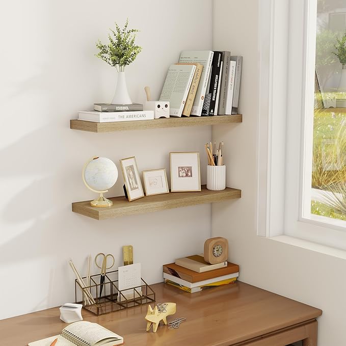 Fun Memories Floating Shelves for Wall, 24" Rustic Wood Deep Wall Mounted Shelves with Invisible Brackets for Decor & Storage, Floating Shelf for Living Room, Bathroom (Oak, Set of 2)-Ruum Studio Home