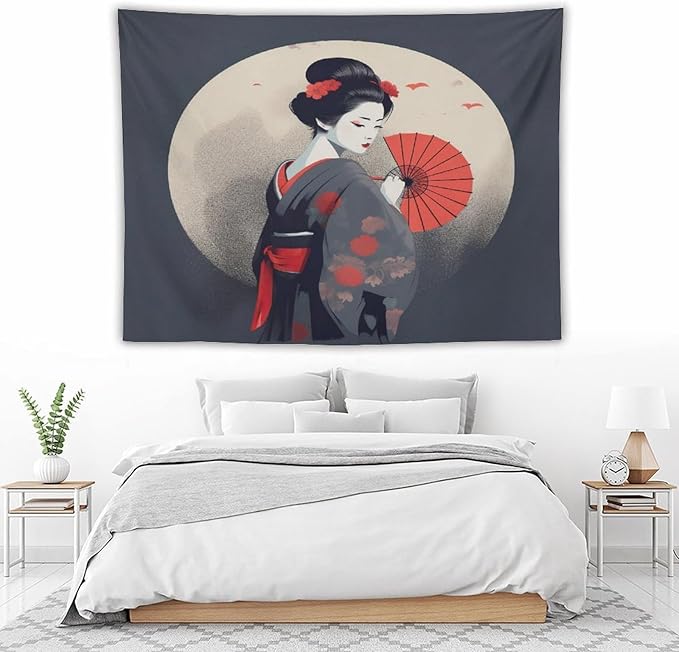 Japanese Woman Geisha Tapestry Asian Red Cherry Blossom Red Sun Traditional Kimono Folk Tapestries Home Decor for Living Room Bedroom Apartment Farmhouse Dorm 80"x60"-Ruum Studio Home