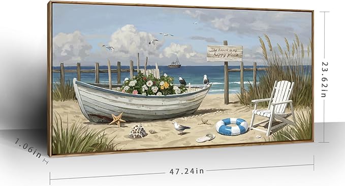 amatop Large Framed Wall Art for Living Room Nautical Beach Canvas Print Blue Flower Boat on Sandy Shore Ocean Seaside Landscape Coastal Artwork with Sea Birds Rustic Bedroom Office Home Decor 48×24 Inch-Ruum Studio Home