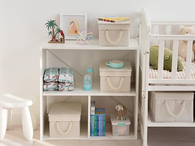 StorageWorks Storage Bins with Lids, Decorative Storage Boxes with Lid and Soft Rope Handles, Foldable Storage Baskets for Closet, Shelves, Stackable, Ivory and White, Medium, 3-Pack-Ruum Studio Home