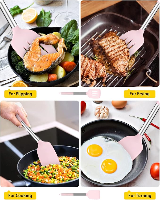 Pack of 2 Silicone Solid Turner, Non Stick Slotted Kitchen Spatulas, High Heat Resistant BPA Free Cooking Utensils, Ideal Cookware for Fish, Eggs, Pancakes(Pink)-Ruum Studio Home