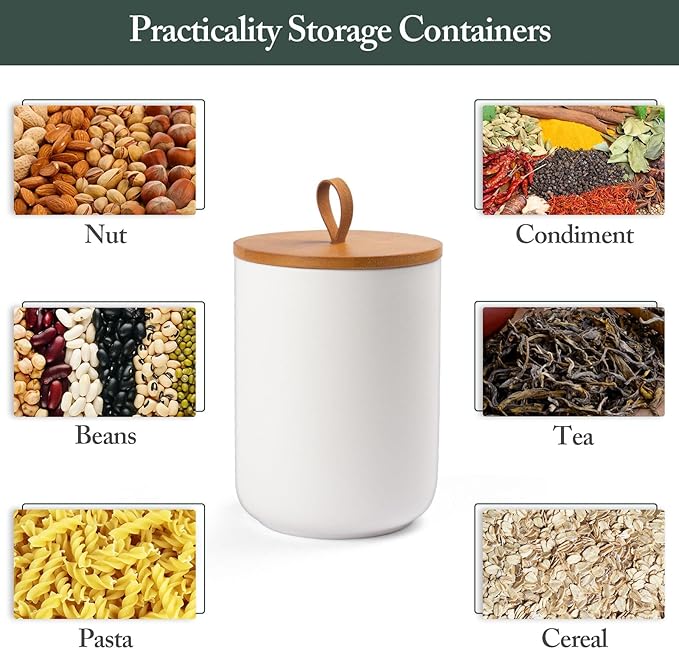 Ceramic Canisters Sets for Kitchen, Airtight Canister with Bamboo Lid, Ceramic Coffee Canister Kitchen Canisters for Countertop, Flour and Sugar Containers for Food Storage Jars, White, Set of 3-Ruum Studio Home