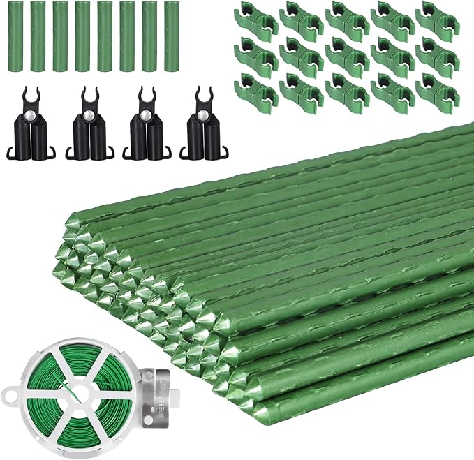 Garden Stakes 60 Pack, 16 Inch Each, DIY 3ft 4ft 5ft 6ft 7ft Sturdy Steel Plant Stakes with 50 Connectors, 30 Rotatable Clips, 10 A-Type Connecting Pipe and 164 Feet Twist Tie for Climbing Plants-Ruum Studio Home