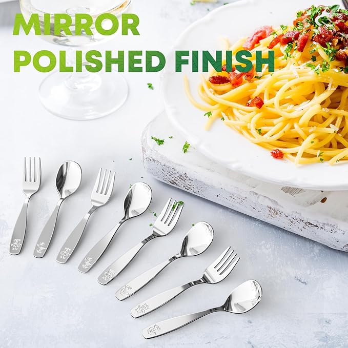 Toddler Utensils 4 Set, Kids Stainless Steel Silverware Set - 2pcs Forks and 2pcs Spoon, Cute Children Flatware Sets with Mirror Polished, Self Feeding Safe, Dishwasher Safe-Ruum Studio Home