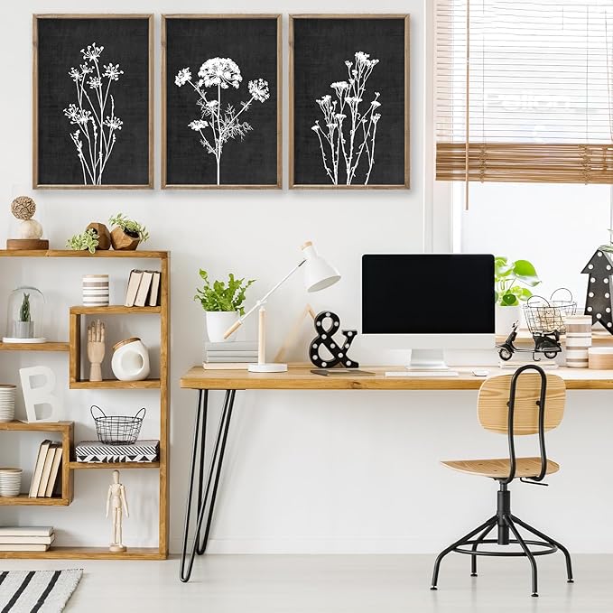 Flower Plant Wall Art Decor 24"x16" Set of 3 Black And White Botanical Painting Wood Framed For Minimalist Bedroom Office Rustic Living Room Abstract Wildflower Sign Hanging (Wood Black)-Ruum Studio Home