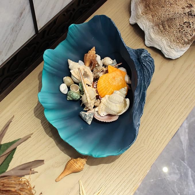 Large Caribbean Blue-Aqua Sea Shells Decorative Bowl Resin Clam Shell Bowl Beach Decorations for Home Coastal Beach Decor Decoration Storage Bowls&Home Office Nautical Themed Party Decor-10.2"-1PC-Ruum Studio Home