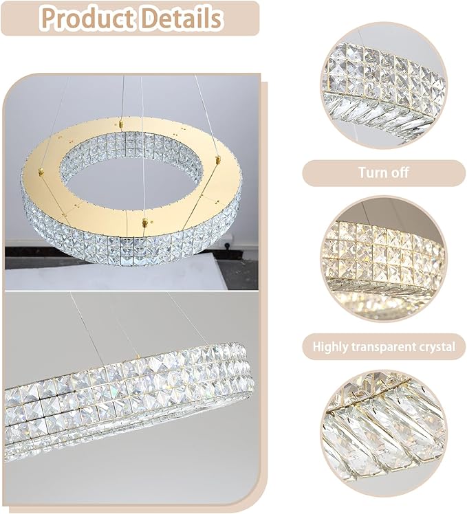 Dia 24" Modern Crystal Chandelier Gold Ring Chandelier Adjustable Height Luxury Crystal Pendant Ceiling Light Fixture for Dining Living Room Bedroom-Ruum Studio Home