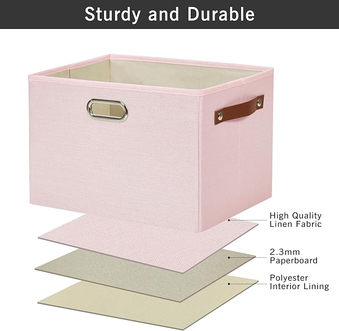 Large 3-Pack Foldable Fabric Storage Bins with Durable PU & Metal Handles, Collapsible Storage Baskets for Shelves, Home Storage, Closet Organizers, Living Room(14.9"x9.8"x9.8", Pink)-Ruum Studio Home