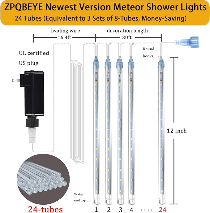 Meteor Shower Lights Outdoor Christmas Lights 24-Tube 576LEDs Snow Falling Rain Cascading Icicle Light for Christmas Tree Decorations Wedding Party Holiday Garden Decor, UL Plug Multi Color-Ruum Studio Home