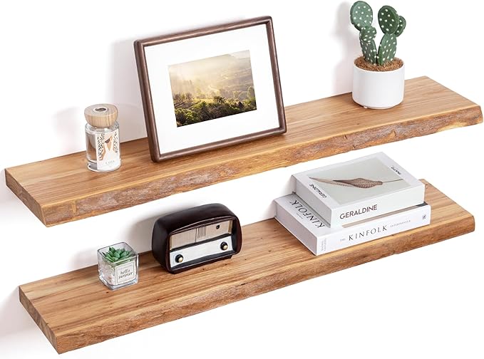 Floating Shelves for Wall Decor, Rustic Solid Elm Wood Live Edge Floating Shelves Wall Mounted, Wall Shelves with Invisible Bracket for Living Room Bathroom Bedroom Kitchen, 36 Inch Set of 2, Natural-Ruum Studio Home