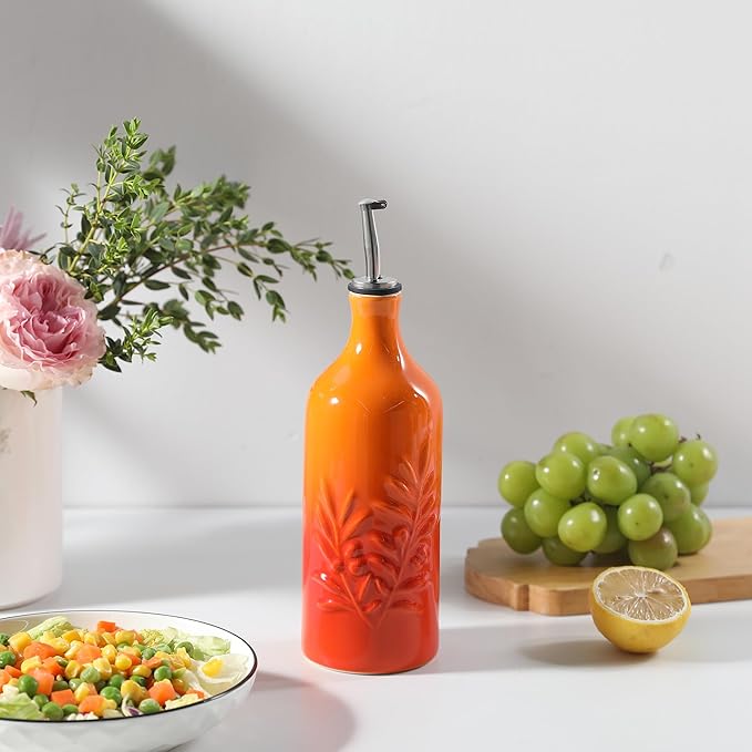 Sweejar Ceramic Olive Oil Dispenser Bottle, 20 Oz Relief Opaque Oil Cruet Protects To Reduce Oxidation, Suitable for Storage Soy Sauce, Coffee Syrup, Liquids, Set of 1 (Gradient Orange)-Ruum Studio Home