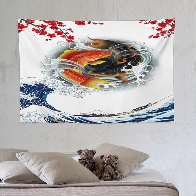Houselerax Koi Fish Tapestry, Japanese Style Yin Yang Big Wave Cherry Blossoms Tapestries Wall Hanging for Bedroom Living Room Office Decor 60"x40"-Ruum Studio Home