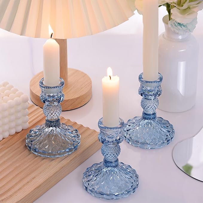 12Pcs 4" H Aqua Blue Candlestick Holders Set- Taper Candle Holders Bulk, Glass Candle Holders for Wedding, Party, Romantic Dinner Table Centerpieces, Festival Gifts & Windowsill Decor-Ruum Studio Home