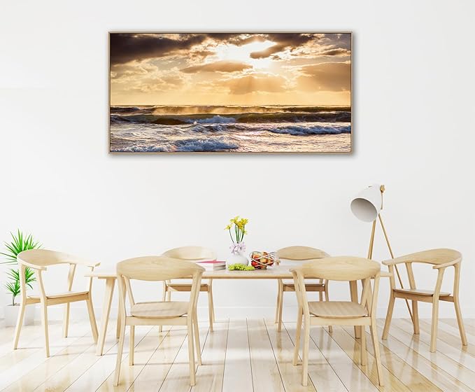 Framed Sunset Ocean Wall Art - Canvas Wall Decor Glow Sea Scene Nature Landscape Prints Sunset Over the Ocean Painting Artwork Living Room Bedroom Office Home 24" x 48"-Ruum Studio Home