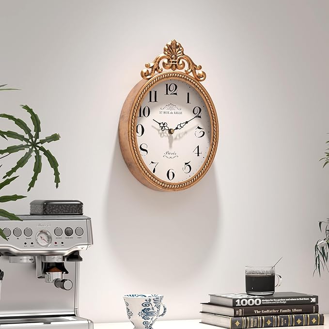 Abdurey Small French Retro Decorative Wall Clock, Antique Gold Vintage Oval Style,Silent Battery Operated Boho Decor Wall Clocks for Farmhouse,Kitchen,Bedroom,Bathroom(10.4" H x 6.7" W)-Ruum Studio Home