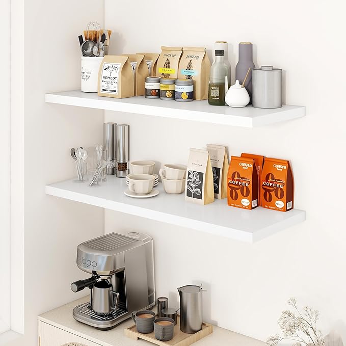 40" Floating Shelves for Wall, 12" Deep Slim White Floating Shelves, Wall-Mounted Shelves for Bedroom, Living Room, Kitchen, Bathroom - Set of 2-Ruum Studio Home