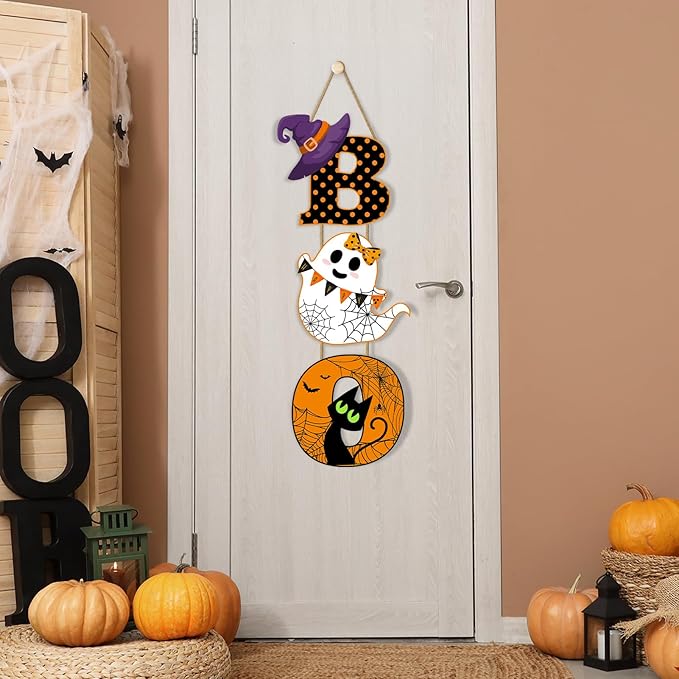 Britimes BOO Halloween Door Sign for Front Door, Halloween Cute Ghost Black Ghost Wall Decorations Wooden Hanging Signs for Home Wall Porch Outdoor Party Decor-Ruum Studio Home